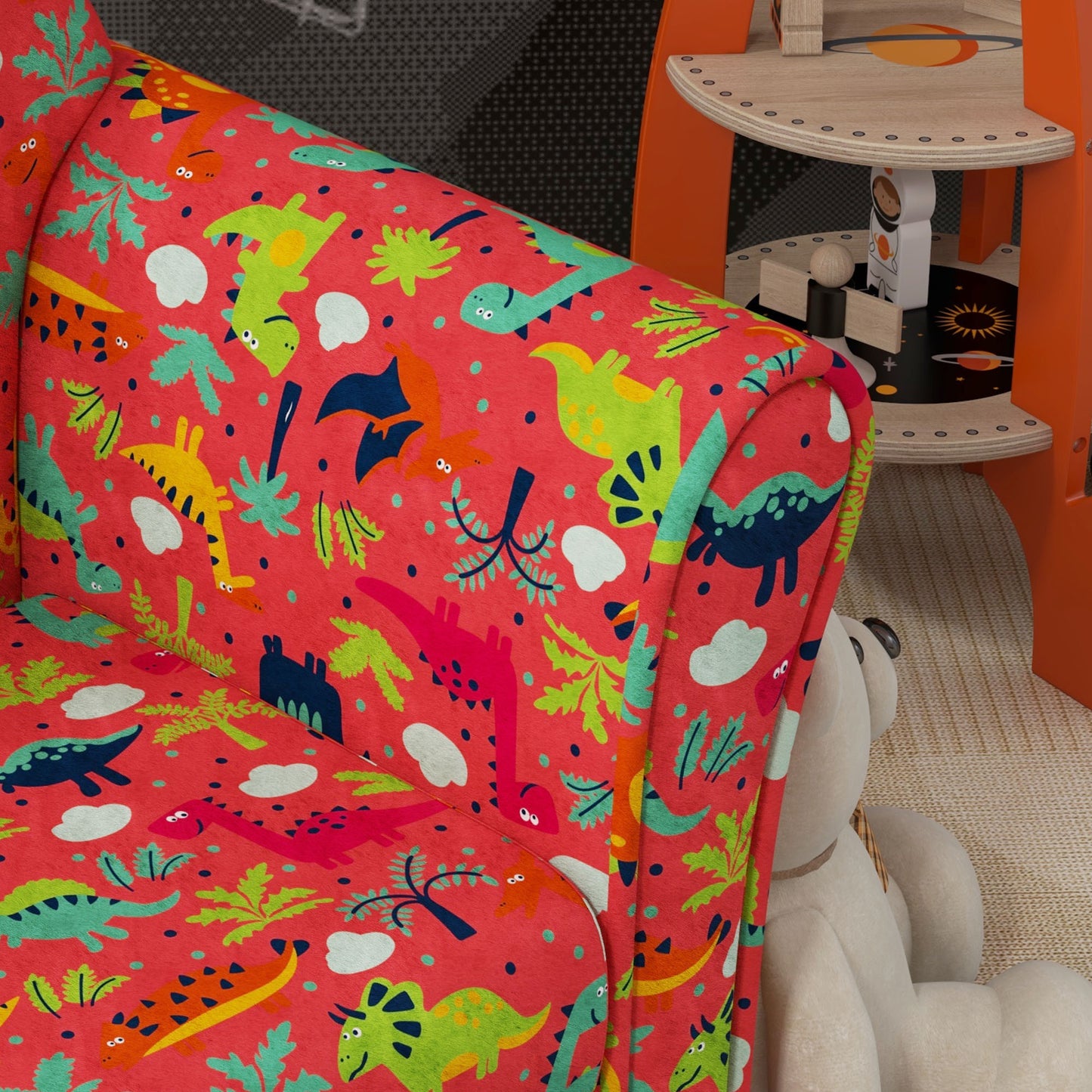 Kids Armchair with Dinosaur Design, Wooden Frame, for Bedroom, Playroom, Kids Room in Red by AIYAPLAY-7