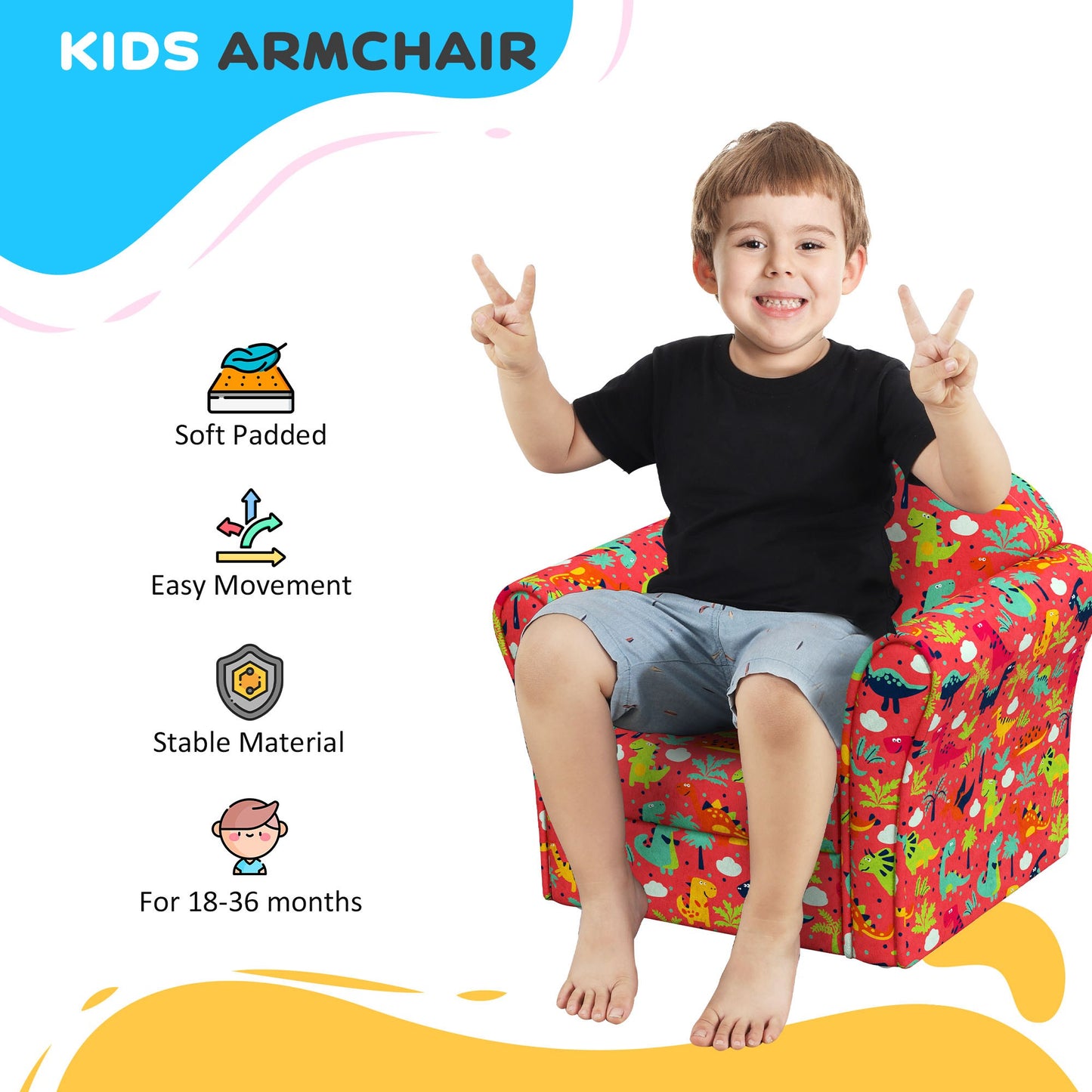 Kids Armchair with Dinosaur Design, Wooden Frame, for Bedroom, Playroom, Kids Room in Red by AIYAPLAY-5