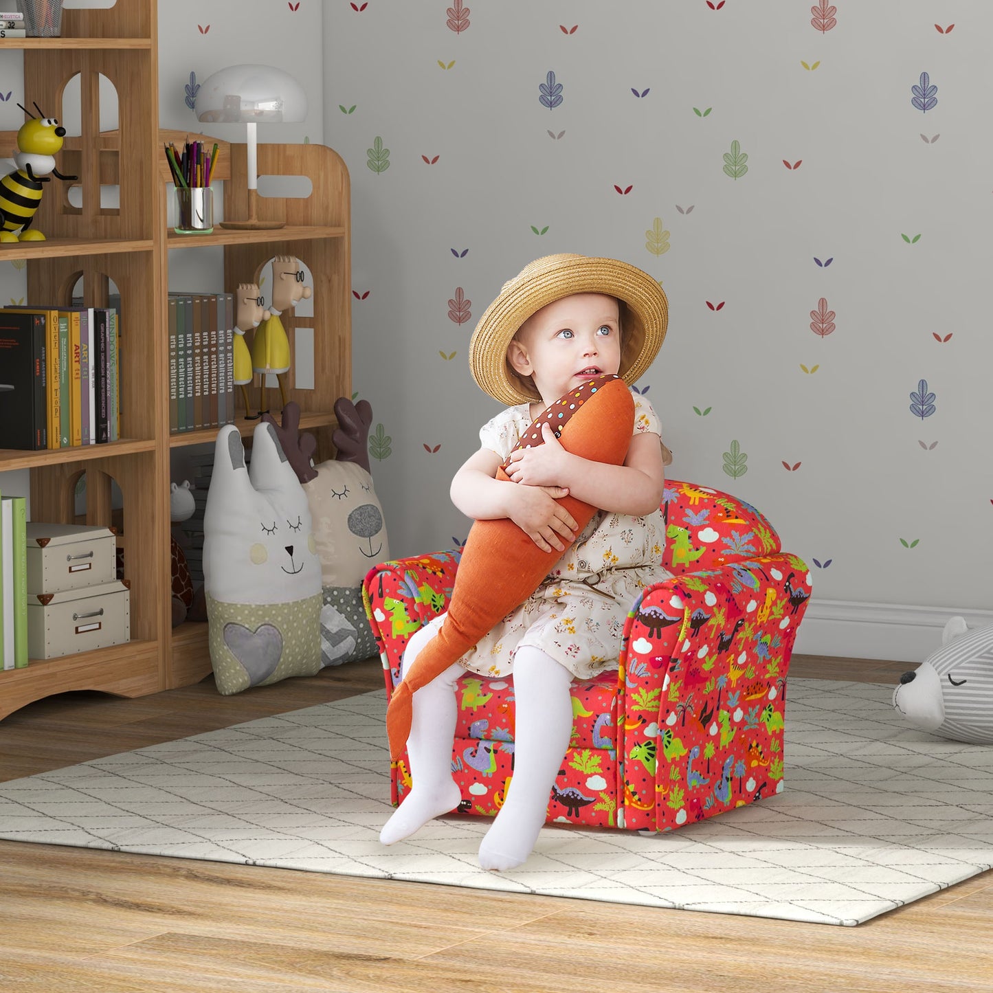 Kids Armchair with Dinosaur Design, Wooden Frame, for Bedroom, Playroom, Kids Room in Red by AIYAPLAY-8