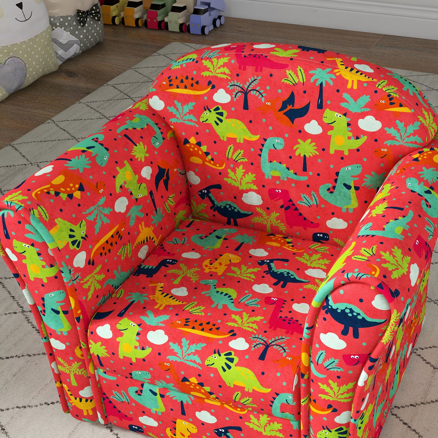 Kids Armchair with Dinosaur Design, Wooden Frame, for Bedroom, Playroom, Kids Room in Red by AIYAPLAY-6
