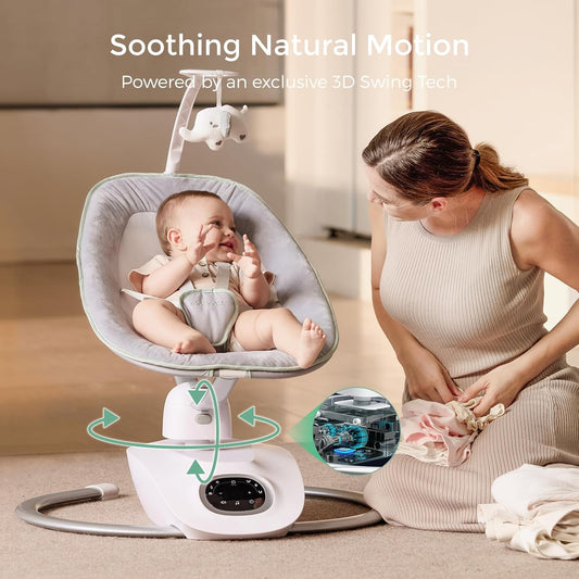 Momcozy CocoSway Baby Swing for Infants to Toddlers, Electric 3D-Motion Swing with 6 Motions & 4 Speeds, Remote Control, 8 Soothing Lullabies, Suitable for Baby Boys and Girls Up to 20 lbs