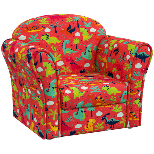 Kids Armchair with Dinosaur Design, Wooden Frame, for Bedroom, Playroom, Kids Room in Red by AIYAPLAY-0