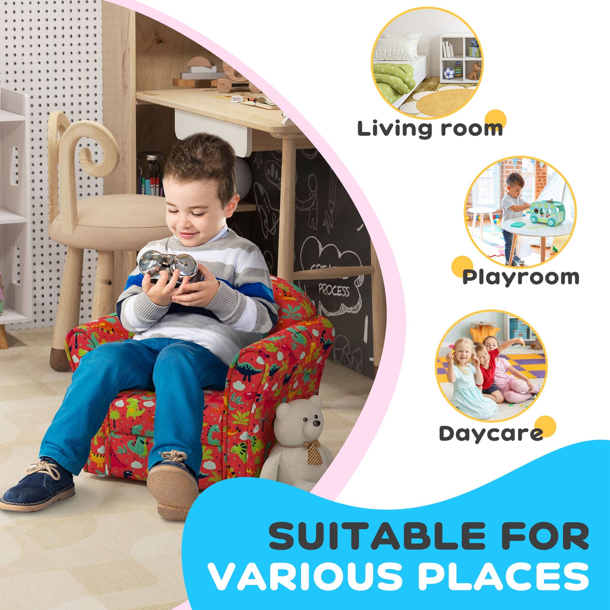Kids Armchair with Dinosaur Design, Wooden Frame, for Bedroom, Playroom, Kids Room in Red by AIYAPLAY-4